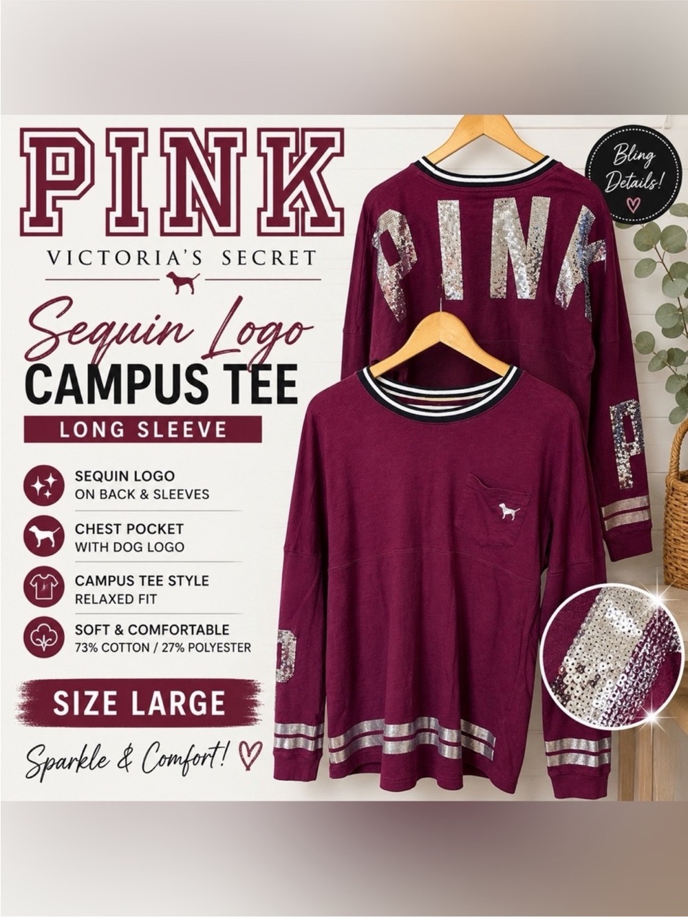 Victoria's Secret PINK Burgundy Sequin Logo Long Sleeve Crew